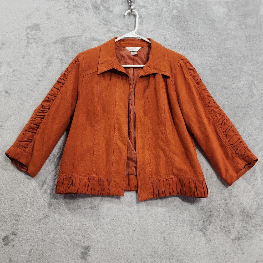 Christopher & Banks Jacket Womens M Burnt Orange Faux Suede Ruffle 3/4 Sleeve